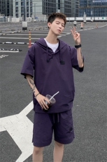 夏季轻薄透气防晒连帽短袖短裤两件套男潮流简约纯色宽松休闲套装，男装牛仔裤，星座505-2（原电商A260-1)
