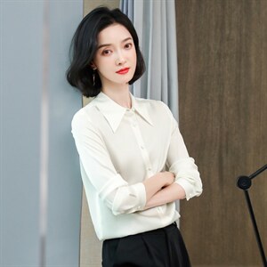 杏色衬衫女长袖春秋季2024年修身气质通勤百搭打底雪纺职业上衣图片