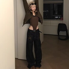 2025秋季美式复古水洗弯刀设计感情侣牛仔裤宽松阔腿男女长裤子，男装牛仔裤，星座506A