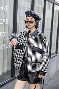 现货-粗纺棋盘格拼接小外套图片