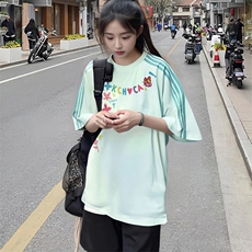 抖音得物品质二开240克宽松纯棉美式潮牌印花三条杠中性风短袖T恤，男装T恤，电商A486