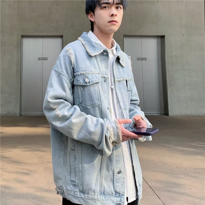 复古毛边做旧牛仔外套男女春秋宽松休闲百搭工装夹克上衣680/P55,男装夹克,星座506