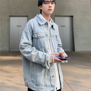 复古毛边做旧牛仔外套男女春秋宽松休闲百搭工装夹克上衣680/P55图片