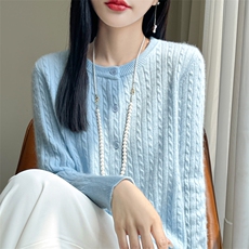 秋冬新款羊毛开衫女宽松显瘦圆领针织衫外套，女装羊毛衫，大美人高端店