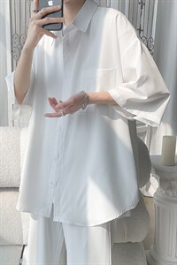 C6042/P35夏款2023新款港风冰丝克莱因蓝衬衣男开衩短袖衬衫控58图片