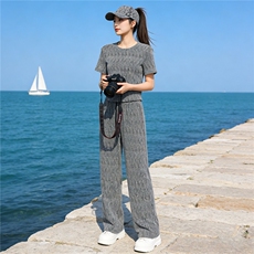 潮流时尚气质套装女夏季新款欧货重工慵懒风灰色短袖阔腿裤两件套，女装套装/套裙，江南