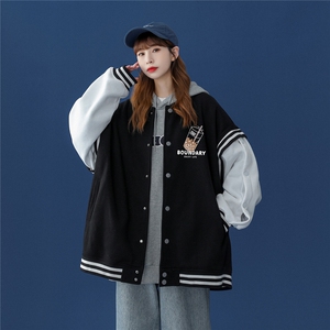 中性风2023秋季新款港风奶茶图案印花情侣百搭棒球服G552p75控98,豹纹衫搭配什么颜色外套好看图片