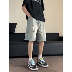 破洞牛仔短裤男新款美式高街vibe设计感水洗宽松FC761P36，男装牛仔裤，星座1013-1