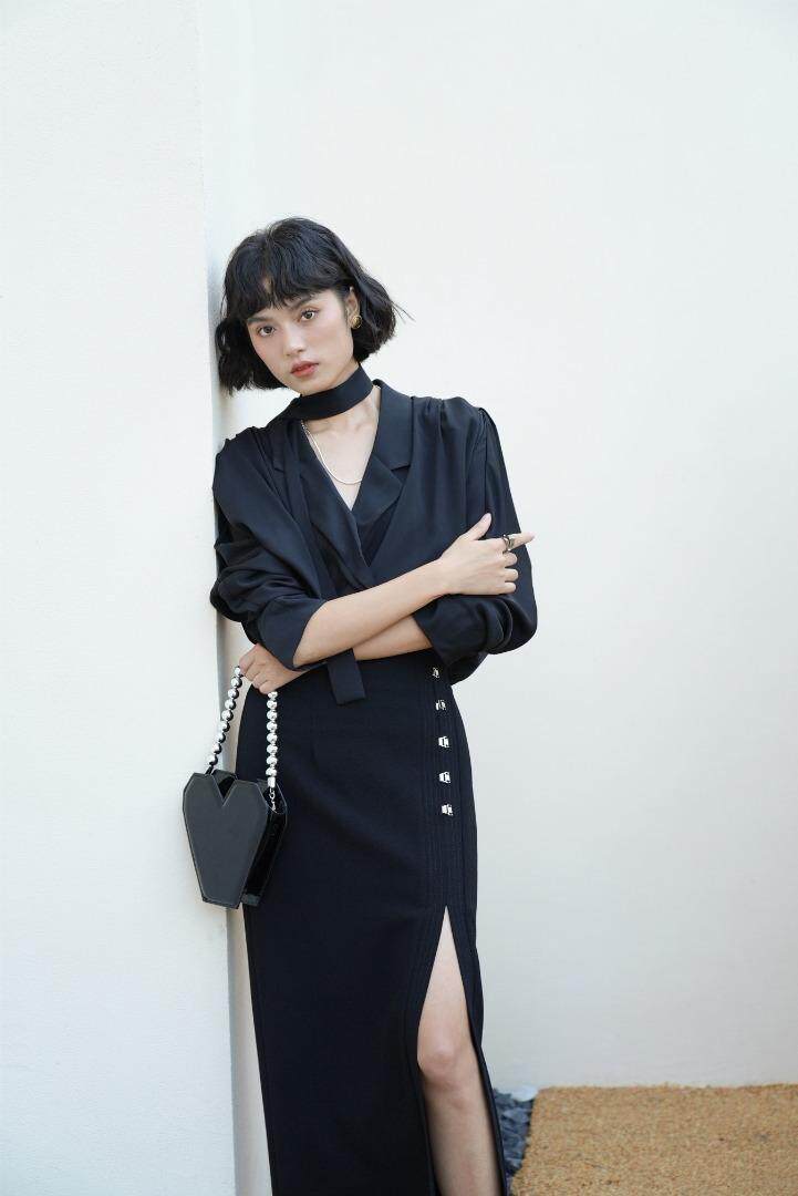 醋酸纤维慵懒裁剪韵味衬衫+H型显瘦开叉半裙，女装衬衫，GN