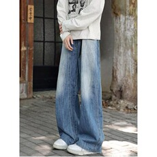 2025复古扎染设计微喇牛仔长裤男女宽松显瘦蓝色阔腿弯刀裤子，男装休闲裤，星座506A