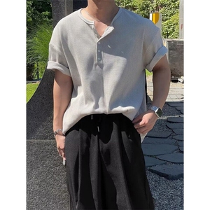 夏季新款潮牌刺绣棉麻短袖纯色青年半袖t恤上衣 T192图片