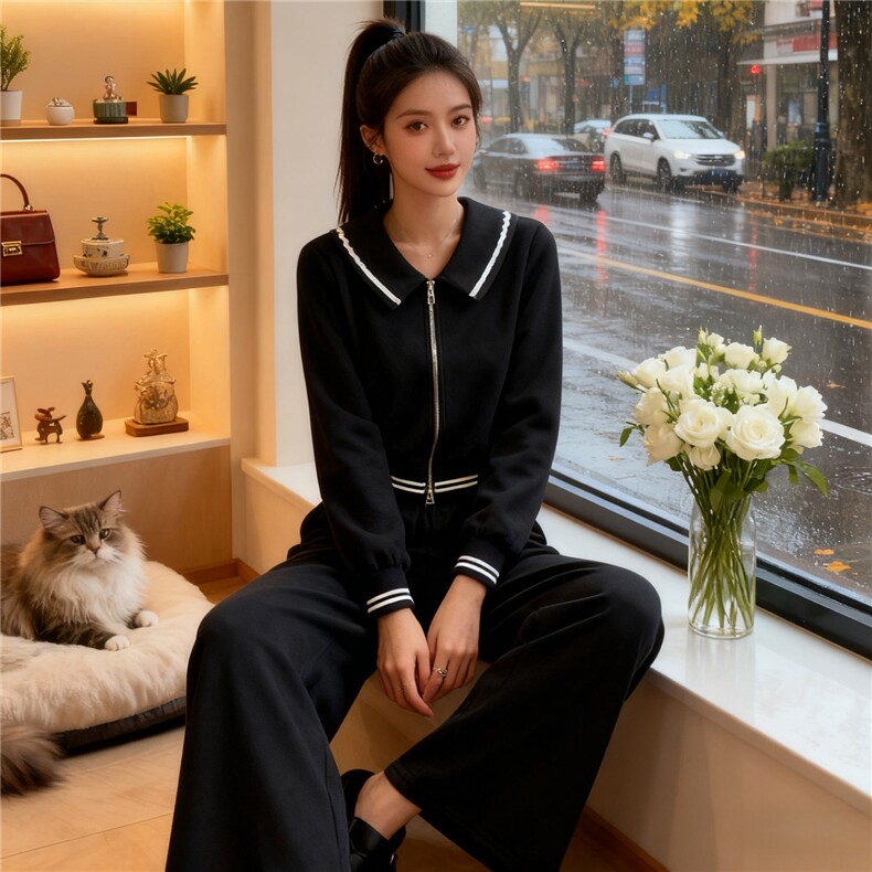 韩系设计感时尚套装女秋款娃娃领双头拉链短款上衣阔腿长裤两件套,女装套装/套裙,2C310