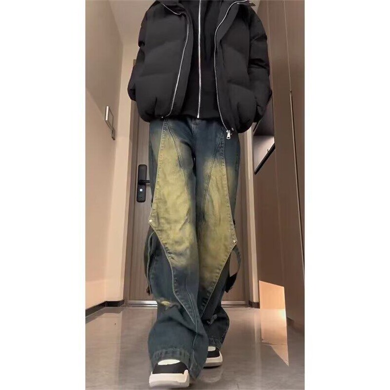 美式复古蓝工装牛仔裤男痞帅炸街设计感水洗做旧阔腿裤L88122-P55,男装牛仔裤,星座1008