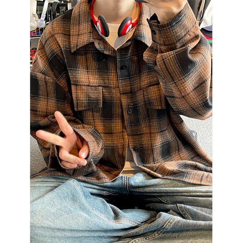特批P32无差价2025春美式复古格子长袖衬衫男女中性宽松衬衣C5454图片