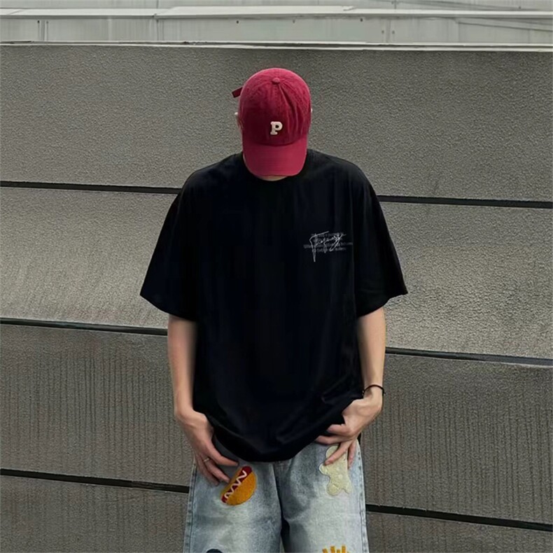 抖音得物供货210克现货宽松纯棉美式潮牌印花落肩袖纯棉T恤AT2172图片