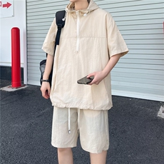 夏季两件套装冰丝速干半拉链短袖连帽衬衣男休闲宽松薄款工装短裤，男装牛仔裤，星座410-7