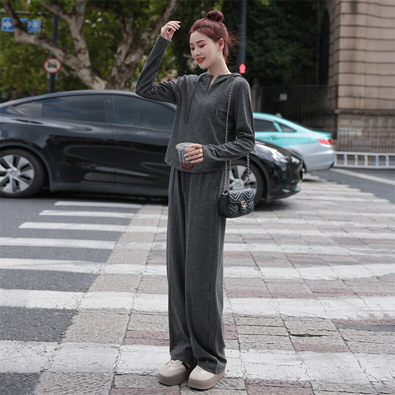 春装深灰色慵懒风休闲运动服套装女2025新款超火卫衣阔腿裤两件套,女装套装/套裙,琦鑫阁（原依鑫阁）