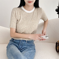 针织衫女短袖夏季2025年新款撞色法式别致修身显瘦上衣打底衫，女装针织衫/毛衣，百色羊绒