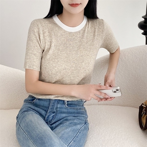针织衫女短袖夏季2025年新款撞色法式别致修身显瘦上衣打底衫图片