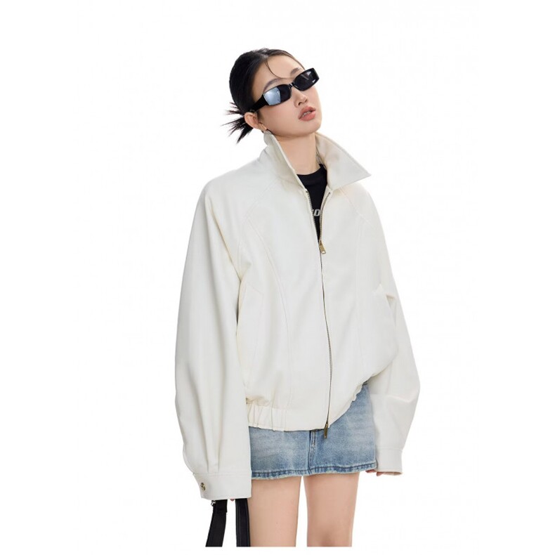 W10473-P73网图现货黑色翻领pu皮衣外套宽松机车服拉链短款夹克,男装皮衣,星座1608