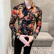 312A-808-P50新款时尚人物图案印花长袖衬衫社会精神小伙衬衣C，男装衬衫，星座312A-5