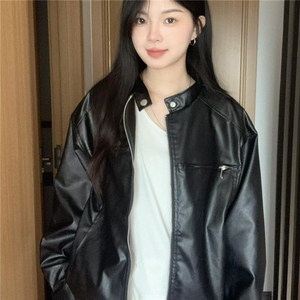 春季新款复古酷飒立领机车皮衣女韩版休闲黑色夹克外套图片