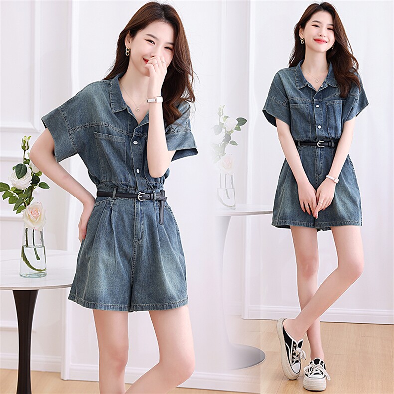 夏季2024年新款工装牛仔连体裤女夏小个子短裤连体衣休闲减龄，女装连体裤，海爱依仁