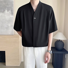 轻熟风~2025夏季新中式圆领中袖冰丝衬衫C298/P50，男装衬衫，电商B331