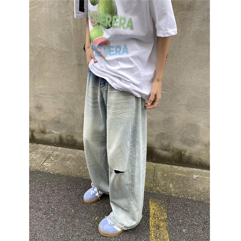 现货~夏日清爽蓝色宽松直筒破洞牛仔裤3 XZ502-K757-P55 控79图片
