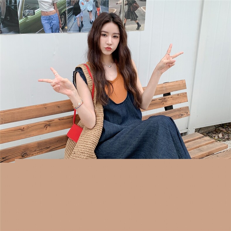 法式假两件拼接牛仔无袖背心连衣裙女夏2025新款学院风巨好看长裙,女装连衣裙,2C323