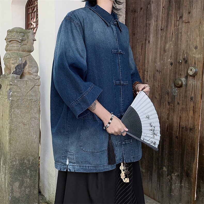 新中式水洗牛仔短袖衬衫男夏季日系风衬衣外套男女S9866-p65,男装衬衫,星座1008