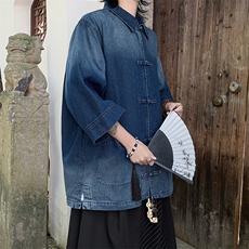 新中式水洗牛仔短袖衬衫男夏季日系风衬衣外套男女S9866-p65，男装衬衫，星座1008