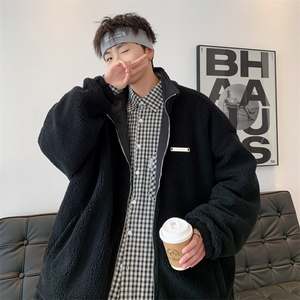 2022美式棉服外套男hiphop冲锋衣夹克双面穿羊羔绒黑色W6194-P65图片