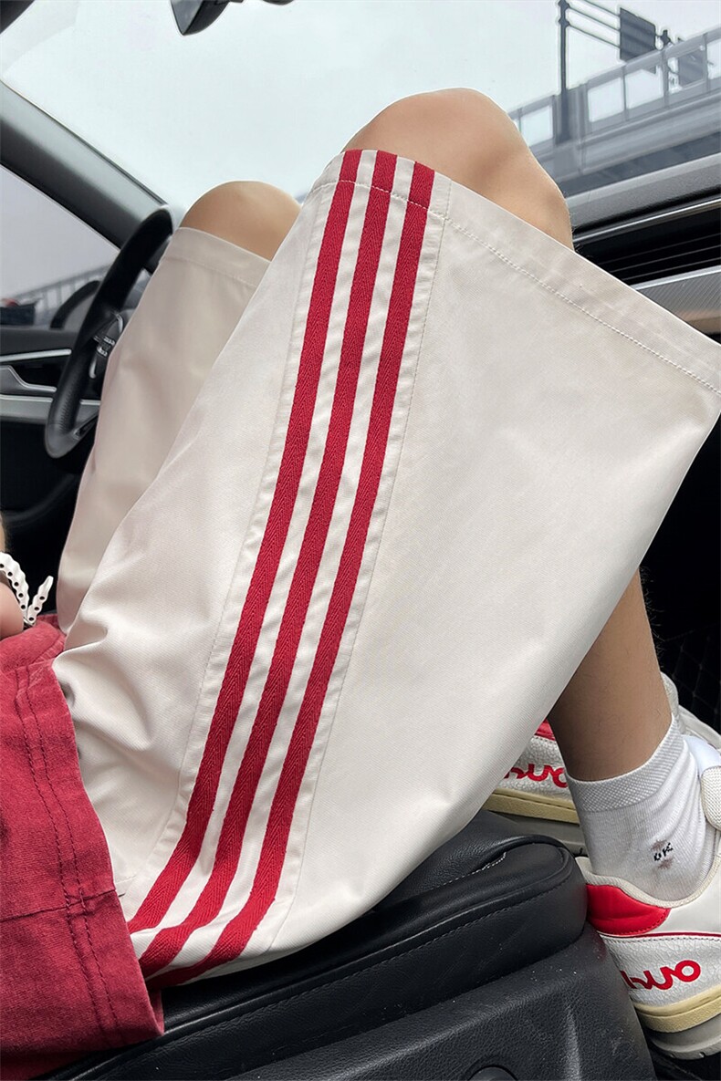 蓝色条纹短裤男款夏季薄款美式高街三条杠宽松直筒篮球运动五分裤,男装休闲裤,电商A022