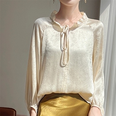 春秋缎面真丝长袖上衣女木耳领抽绳提花衬衫气质宽松灯笼袖打底衫，女装蕾丝衫/雪纺衫，圣丽羊绒