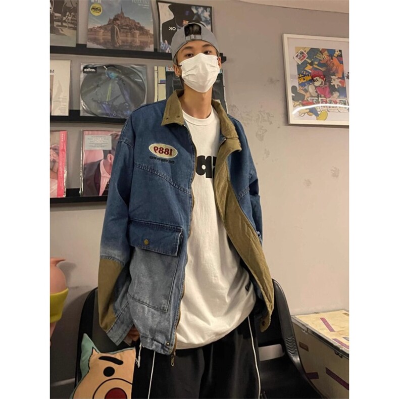 美式复古拼接渐变水洗牛仔外套男春秋季高街潮牌宽松百搭翻领夹克,男装工装外套,星座1210-1