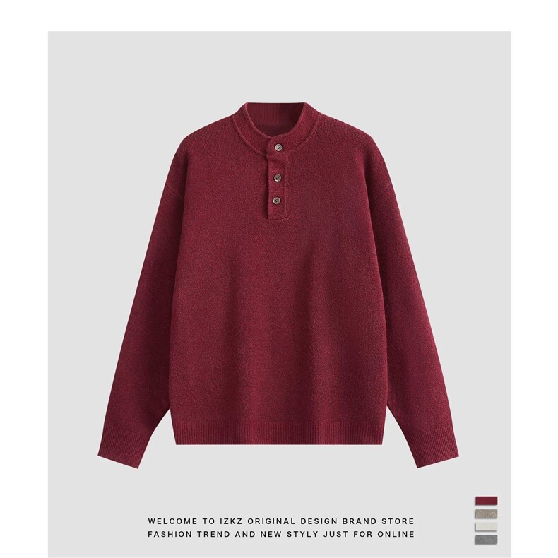 网图76313-P70秋冬红色打底针织毛衣男基础款内搭亨利领宽松，男装针织衫/毛衣，电商D310B