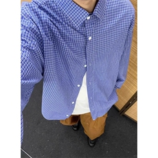 复古蓝色格子衬衫男女春秋字母刺绣宽松慵懒长袖外套CY78，男装衬衫，星座1116A（原606A-3）