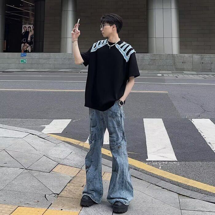 新款时尚慵懒原宿潮流毛边牛仔拼接垫肩t恤男夏季GTX84图片