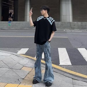 新款时尚慵懒原宿潮流毛边牛仔拼接垫肩t恤男夏季GTX84图片