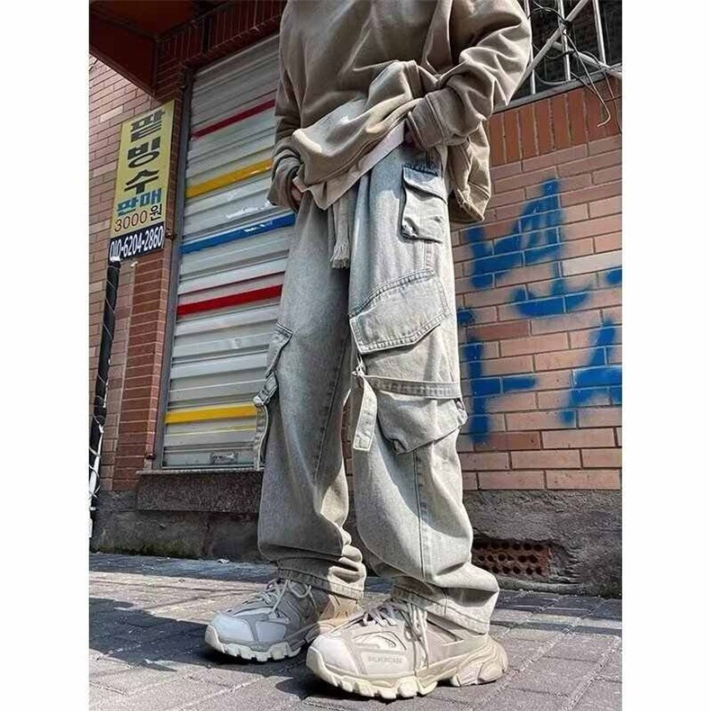 网图 美式高街多口袋工装牛仔裤男宽松直筒阔腿牛仔长裤 GT31-P55图片