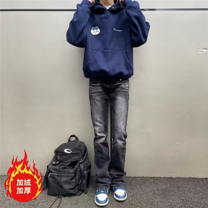 美式复古闪电裂纹牛仔裤加绒加厚直筒裤拖地阔腿裤K8002-P52网图图片