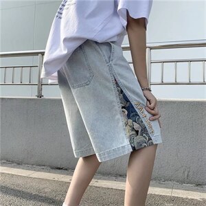 牛仔短裤男夏季ins潮牌五分裤刺绣小熊复古宽松直筒中裤N1681-P40图片