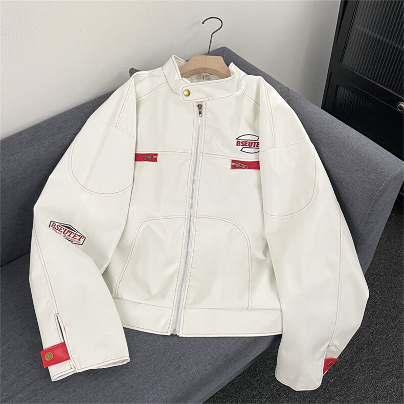 美式春秋季机车刺绣皮衣夹克男女款高街棒球服潮牌外套JK80-P68图片