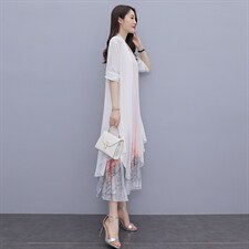 夏季新款优雅印花长款连衣裙防晒外披两件套，女装连衣裙，秀美人生