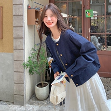 藏青色休闲短外套女2025春季新款小个子宽松减龄夹克韩系chic上衣，女装短外套，维壹