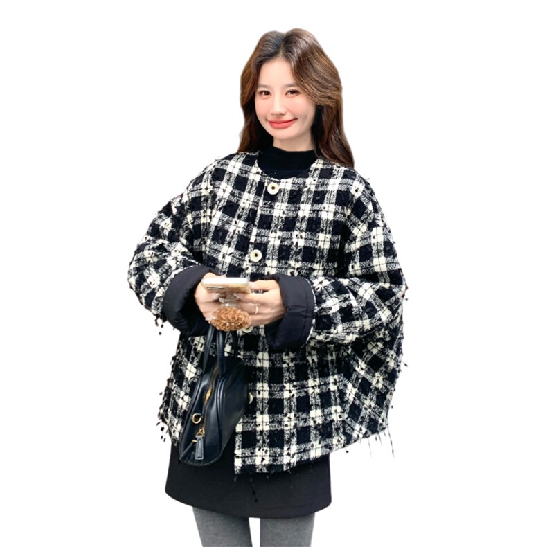 黑白格子粗花呢短款羽绒服女冬季超火好看高级小众白鸭绒加厚外套,女装羽绒服,2C323