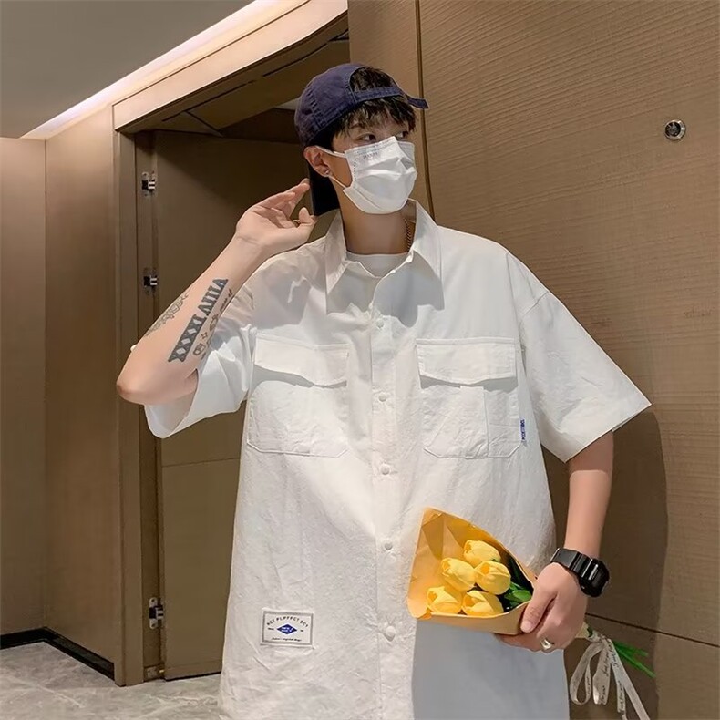 工装短袖衬衫男夏季2023新款美式潮牌白色衬衣宽松外套CY446-P33,男装衬衫,星座412-3
