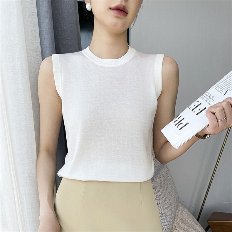 18针精纺扬子纱100羊毛圆领针织背心女宽松显瘦通勤无袖打底衫薄，女装背心吊带，玖雪绒羊绒