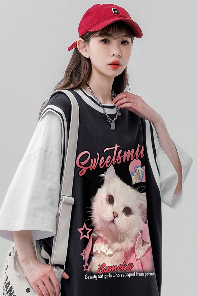 ！夏季时尚可爱小猫印花假两件背心短袖T恤女T6618P40控58,男装背心/马甲,电商A268